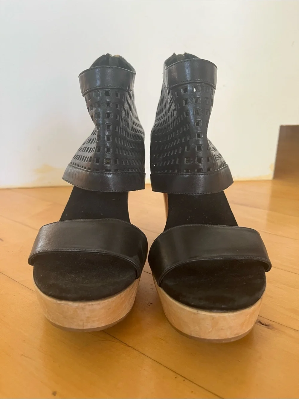 Loeffler Randall Perforated Black Leather Platform Sandal with Wooden Heels 7.5